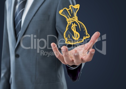 Business man mid section with yellow moneybag doodle in hand against navy background