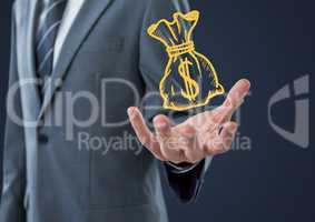 Business man mid section with yellow moneybag doodle in hand against navy background