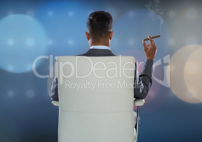 Businessman Back Sitting in Chair with  cigar and sparkling light circles