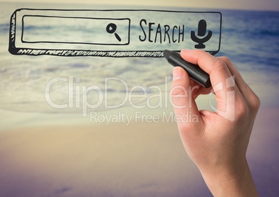 Hand drawing search bar against blurry beach