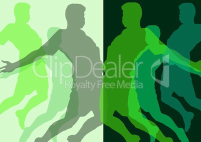 man jumping silhouettes in range  of greens with opacity . Light and dark background