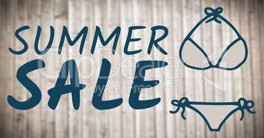 Blue summer sale text and blue bikini graphic against blurry wood panel