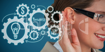 Composite image of close up of smiling businesswoman trying to listen