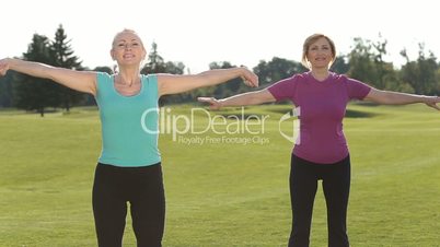 Sporty fitness ladies warm up in park