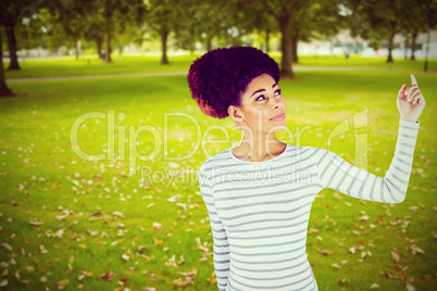 Composite image of thoughtful young woman gesturing