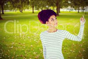 Composite image of thoughtful young woman gesturing