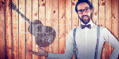Composite image of portrait of man gesturing with hand on hip