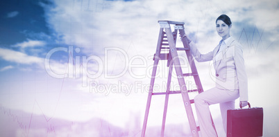 Composite image of businesswoman climbing career ladder with briefcase and looking at camera