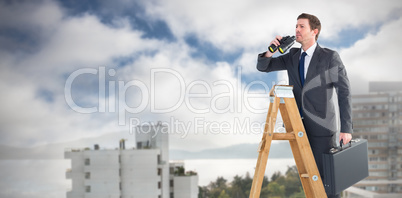 Composite image of businessman looking on a ladder Composite image of businessman looking on a ladder