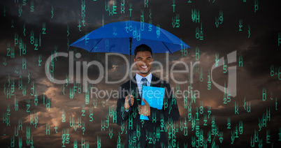 Composite image of portrait of businessman holding blue umbrella and file