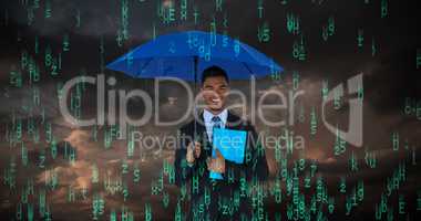 Composite image of portrait of businessman holding blue umbrella and file