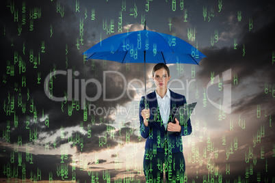 Composite image of portrait of businesswoman holding blue umbrella and clipboard