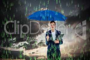 Composite image of portrait of businesswoman holding blue umbrella and clipboard