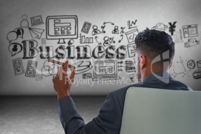 Composite image of rear view of businessman holding cigar