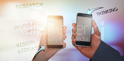 Composite image of cropped hands of man and woman holding mobile phones