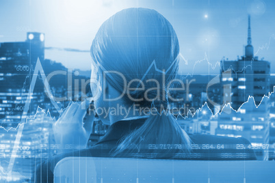 Composite image of rear view of businesswoman holding cigar