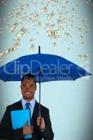 Composite image of portrait of businessman holding blue umbrella and file