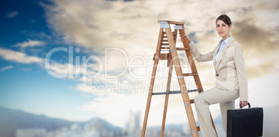 Composite image of businesswoman climbing career ladder with briefcase and looking at camera