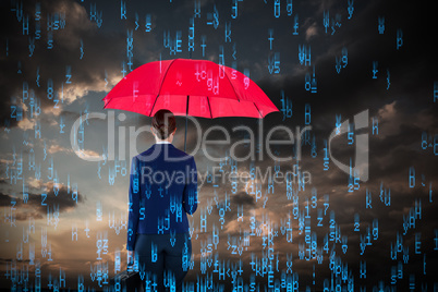 Composite image of full length rear view of businesswoman carrying red umbrella and briefcase