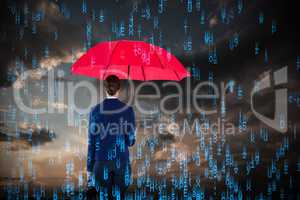 Composite image of full length rear view of businesswoman carrying red umbrella and briefcase