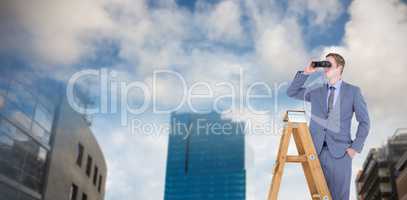 Composite image of businessman looking on a ladder