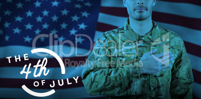 Composite image of mid section of soldier taking oath
