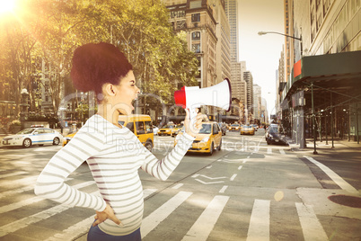 Composite image of carefree young woman shouting with megaphone