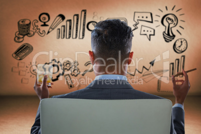 Composite image of rear view of businessman holding whisky glass and cigar