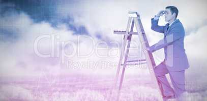 Composite image of businessman looking away while climbing on ladder