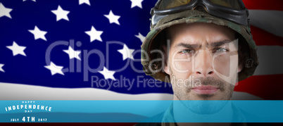 Composite image of close up of unsmiling soldier