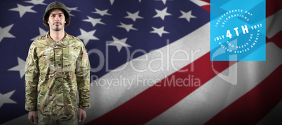 Composite image of portrait of confident soldier standing