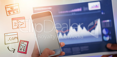 Composite image of cropped image of hand holding mobile phone and graph