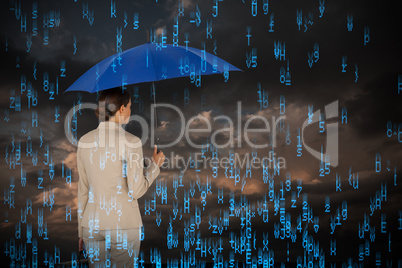 Composite image of businesswoman holding blue umbrella and a briefcase