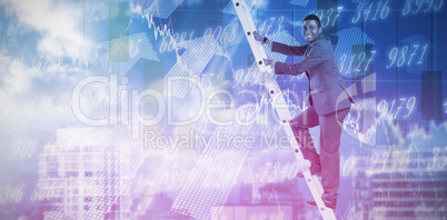 Composite image of businessman climbing up ladder