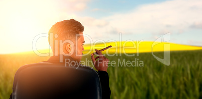 Composite image of rear view of male executive holding cigar