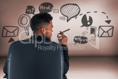 Composite image of rear view of male executive holding cigar