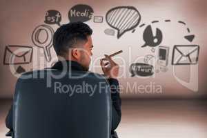 Composite image of rear view of male executive holding cigar
