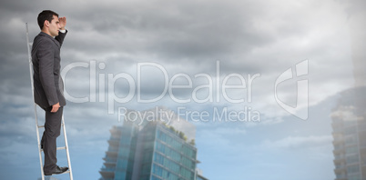 Composite image of businessman standing on ladder