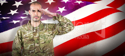 Composite image of portrait of confident soldier saluting