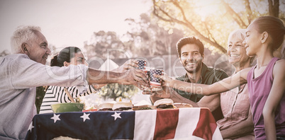 Happy family having a picnic and making a toast