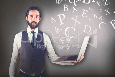 Composite image of portrait of businessman holding laptop