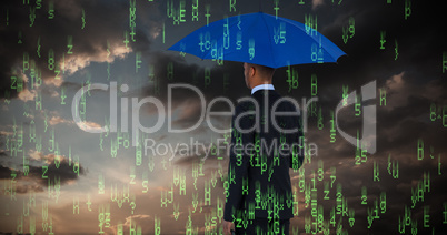 Composite image of rear view of businessman holding blue umbrella and briefcase