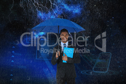 Composite image of portrait of businessman holding blue umbrella and file
