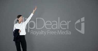 Composite image of full length of businesswoman gesturing