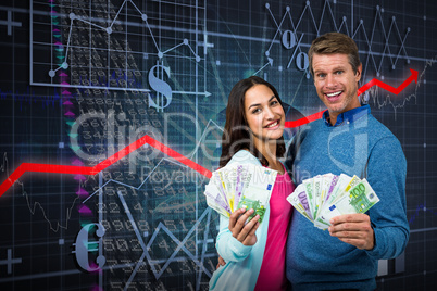 Composite image of portrait of couple showing money