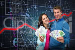 Composite image of portrait of couple showing money