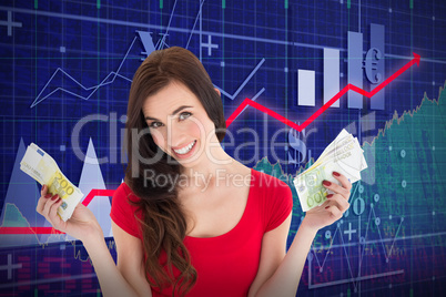 Composite image of cheerful brunette holding her cash money