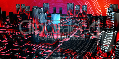 Composite image of close up of red circuit board