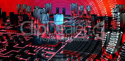 Composite image of close up of red circuit board