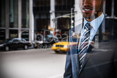 Composite image of smiling businessman standing against white background